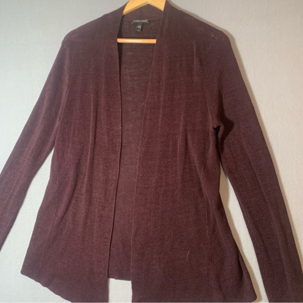 Eileen Fisher Dk Brown Burgundy Open Cardigan Sz L Ladies Linen